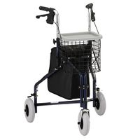 3 Wheeled Walker Blue - Solid, oversized 8" tires will never puncture and provide more stability for a safe walk on any terrain. Heavy Duty plastic tray, wire basket and large vinyl storage pouch included.