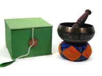 Tibetan Meditation OM Singing Bowl 3 Inch Diameter, Includes Cushion, Wooden Ringer, and Storage Box. Balances Chakras, Healing.