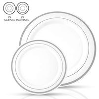 Signature Tableware Premium Disposable Plates - 50 Pack(25 Guests) - 25 x 10.25" Dinner and 25 x 7.5" Salad Plastic Dinner Plates Combo - Plastic Plates for Parties (White with Silver Rim)