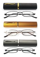 3 Pack EYE ZOOM Ultra Slim Compact Lightweight Tube Reading Glasses with Portable Clip Aluminum Case, Black, Gold and Gunmetal, Strength +2.50