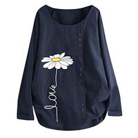 Alangbudu Women Cotton Linen Pullover Button Line Decor Blouse Loose Fit Tops Long Sleeve Casual Baggy Puffy Sweatshirt Blue