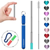 Sunnywoo Collapsible Reusable Straws,Portable Stainless Steel Metal Drinking Foldable Straw with Blue Travel Case & Cleaning Brush & Keychain & Silicon Tips for Adults and Kids （Silver Straw）