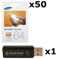 50 PACK - Samsung 64GB MicroSD XC Evo Class 10 UHS-1 TF MicroSDHC TransFlash High Speed Memory Card MB-MP64D 64G 64 GB GIGS (M.E64V.RTx50.550) LOT OF 50 with USB SoCal Trade SCT Dual Slot MicroSD & SD Memory Card Reader - Retail Packaging