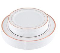 100 Piece Rimmed Premium Disposable Plastic Plates Set 50 pc10.25" Dinner | 50 pc 7.5'' Salad-Dessert Wedding Dinnerware Sets (Rose Gold)