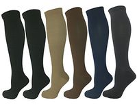 6 Pair Large/X-Large Ladies Compression Socks, Medium Compression 15-20 mmHg. Therapeutic, Occupational, Travel & Flight, Knee-High (1 Tan, 1 Brown, 1 Blue, 1 Grey, 2 Black)