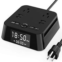 ELMWAY Alarm Clock Charger w/4 USB Ports 2 AC Outlets, UL Listed, 6ft Power Cord Charging Station Power Strip, Bedside Alarm Clock for iPhone iPad Mac Book Computer Home Dorm Travel Hotel
