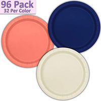 96 Paper Dinner Plates (9") - Navy Blue, Coral, Ivory - 32 Per Color, 3 Colors - Great Assortment for Birthday Parties, Weddings, Holidays, Baby Shower, Celebrations, and more