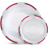 Laura Stein Designer Dinnerware Set | 32 Disposable Plastic Party Bowls | White Bowl with Burgandy Rim & Silver Accents | Includes 16 x 12 oz Soup Bowls, 16 x 5 oz Dessert Bowls | Venetian