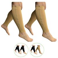 HealthyNees Footless 15-20 mmHg Zipper Compression Leg Calf Shin Sleeve 2 Pairs (Beige Combo, L/XL)