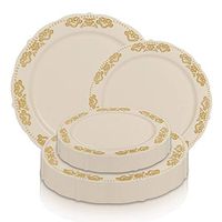 Disposable Plastic Dinnerware Set for 120 Guests - Includes Round Ivory with Gold Rim Dinner Plates & Dessert/Salad Plates - Reusable Party Plates For Wedding, Thanksgiving, Birthday & Other Occasions
