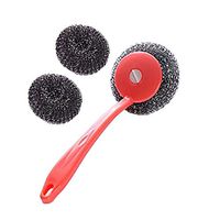 Kxtffeect 1Set of Assembly Multipurpose Stainless Steel&Plastic Wire Scrubbers-Dish/Pot/Glasses/Coffeemaker/Sink Brushes,1 Handle and 2Pcs of Scouring/Cleaning Steel Wire Balls (Red)
