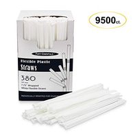 Party Essentials Individually Wrapped 7.75” Disposable White Flexible Plastic Drinking Straws, 25 Packs of 380 (9,500 Straws)