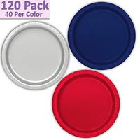 120 Paper Dessert Plates (7") - Navy Blue, Silver, Red - 40 Per Color, 3 Colors - Great Assortment for Birthday Parties, Weddings, Holidays, Baby Shower, Celebrations, and more