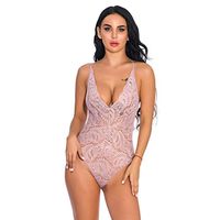 miqiqism Women's Lingerie Jumpsuit, One Piece Women Lace V-Neck Teddy Lingerie Jumpsuit Blackless Bodysuit Sleepwear Pink