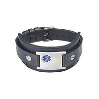 Divoti Rebel Black Genuine Leather Cuff Medical Alert Bracelet for Men (Fits up to 8" Wrists)-Deep Blue