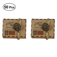 50pcs Vintage Inspired Airmail Design Favor Boxes Bonbonniere with Compass Kraft Paper Treat Boxes Wedding Favors Gift Boxes (with Compass and Hemp Rope)