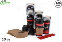 LARGE COMBO Set of 100-20oz - Paper Coffee Hot Cups, Black Travel Lids, Sleeves & Stirrers - Disposable Coffee Cups, To Go Travel Mug, Office/Party Pack, Hot/Cold Coffee, Tea & Chocolate, Latte