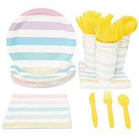 Blue Panda Pastel Stripes Party Supplies for Birthday, Baby Shower, and Girls Parties - Plates, Knives, Spoons, Forks, Napkins, and Cups, Serves 24