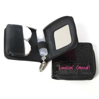 TRENDY EMBROIDERED TRAVEL BLACK PATENT CROC "LOOKIN GOOD" CONTACT LENS CASE WITH MIRROR