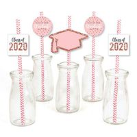 Big Dot of Happiness Rose Gold Grad - Paper Straw Decor - 2020 Graduation Party Striped Decorative Straws - Set of 24