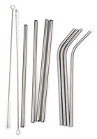 RSVP Set of four each 8-1/2-inch Endurance 18/8 Stainless Steel Bent Drinking Straws, and 8-1/2-inch Frozen Drink Straws, with 2 Cleaning Brushes