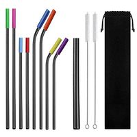 Eskyhouse Set of 9 Black Stainless Steel Metal Straws 8.5'' 10.5"Reusable Drinking Straws For 20oz Tumblers Yeti 6mm 12mm Diameter Straws 2 Cleaning Brushes 8 Silicone Tips and 1 Carrying Pouch