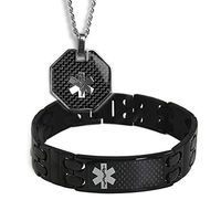 My Identity Doctor - Men's Custom Engraved Black Medical Alert Bracelet and ID Necklace - Stainless Steel, 6 Inches