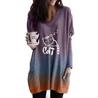 Sunhusing Women's Tie-Dye Cat Printed Loose V-Neck Long Sleeve Gradient Color Pocket Stitching Tunic Tops(Purple,2XL)