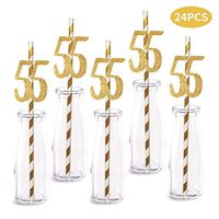 55th Birthday Paper Straw Decor, 24-Pack Real Gold Glitter Cut-Out Numbers Happy 55 Years Party Decorative Straws