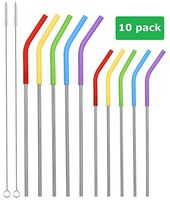 RUBY-Q 10 Pack Stainless Steel Straws with Silicone Flex Tips 8.5 10.5inch Reusable Metal Straw for Yeti Cups with Cleaning Brush and Carrying Pouch