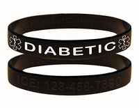 Custom Diabetic ID Bracelet Wristbands - 2 Pack - Black - 7 Inches - Youth