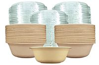 [500 SETS] 48 oz Round Disposable Bowls + Lids - Natural Sugarcane Bagasse Bamboo Fibers Sturdy 48 Ounce Compostable Eco Friendly Environmental Paper Bowl Alternative 100% by-product Tree