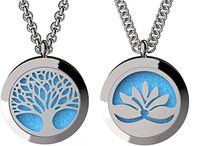 Tree of Life and Open Lotus Essential Oil Diffuser Necklace Stainless Steel Pendants with 24" Chains + 12 Refill Pads