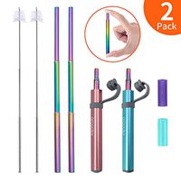Arcoolor 2 Pack Telescopic Reusable Stainless Steel Straws, 9.3" Portable Folding Drinking Straw with Metal Case, Cleaning Brushfor Travel, Household, Outdoor （Pink+ Blue）