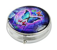 Hiuyi Custom Personalized Glass Round Pill Box Pocket Wallet Pill Case Vitamin Decorative Protector (Butterfly)