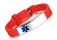 JF.JEWELRY Custom Engraved Medical ID Alert Bracelet for Kids Silicone Band & Stainless Steel Tag-Red