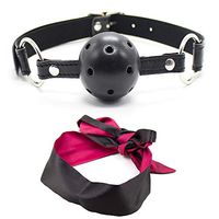 Open Breathable Leather Paly Ball Mouth Ball with Satin Blindfold Eye Mask Black