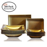 Tiger Chef 200-Pack Gold Rectangle Hard Plastic Plate Set. Dinnerware Service for 50, Disposable or Reusable
