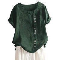 Meikosks Womens Daily Short Sleeve T Shirt Button Linen Blouses Solid Color Plus Size Tops Green
