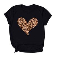 Sunhusing Women's Casual Round Neck Short Sleeve Leopard Love Heart Pattern Print Slim Solid Color T-Shirt (2XL, Black)
