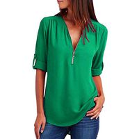 Theoylos Women's Casual Short Sleeve Half Zip V-Neck T-Shirts Ladies Irregular Hem Loose Blouse Tops Green