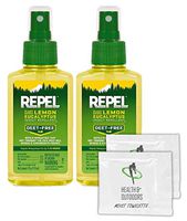 Repel Plant-Based Lemon Eucalyptus Insect Repellent, Pump Spray, 4-Ounce (2 Count) W/ 2 HAO Moist Towelettes