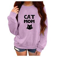 HNTDG Women Autumn Cat Mom Letter Printed Round Neck Long Sleeve Plus Velvet Sweatshirt Blouse Purple