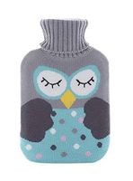 Large 2 Liter Classic Rubber Hot Water Bottle with Gray Soft Knit Cover Blue Owl