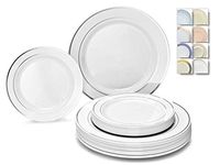 " OCCASIONS" 120 Plates Pack,(60 Guests) Heavyweight Premium Wedding Party Disposable Plastic Plates Set -60 x 10.5'' Dinner + 60 x 7.5'' Salad/Dessert (White w/Silver Rim)