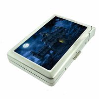 Cigarette Case with Built in Lighter Classic Haunted House S14 Smoking King Size Cigarettes Silver Metal Wallet 4" X 2.75" RFID Protection Halloween Horror Terror