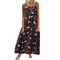 Women Plus Size Dress Summer Strap Sleeveless Retro Linen Floral Print Daily Bohemian Casual Loose Long Maxi Dress Navy