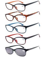 OLOMEE Reading Glasses Women and Men 5 Pack,Vintage Color Readers Square Lightweight Quality Frame-Flexible Spring Hinge with Sun Readers&5 Pouch 1.75