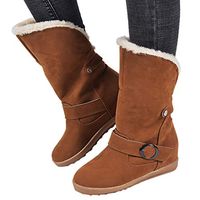 Cenglings Women Suede Round Toe Flat Solid Color Snow Boots Slip-On Keep Warm Faux Fur Mid-Calf Boots Buckle Party Shoes
