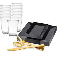 Kaya Collection - Square and Rectangle Black Disposable Plastic Dinnerware Party Package - Includes Square Dinner Plates, Rectangle Salad/Dessert Plates, Gold Cutlery, Tumblers (120 Person Package)
